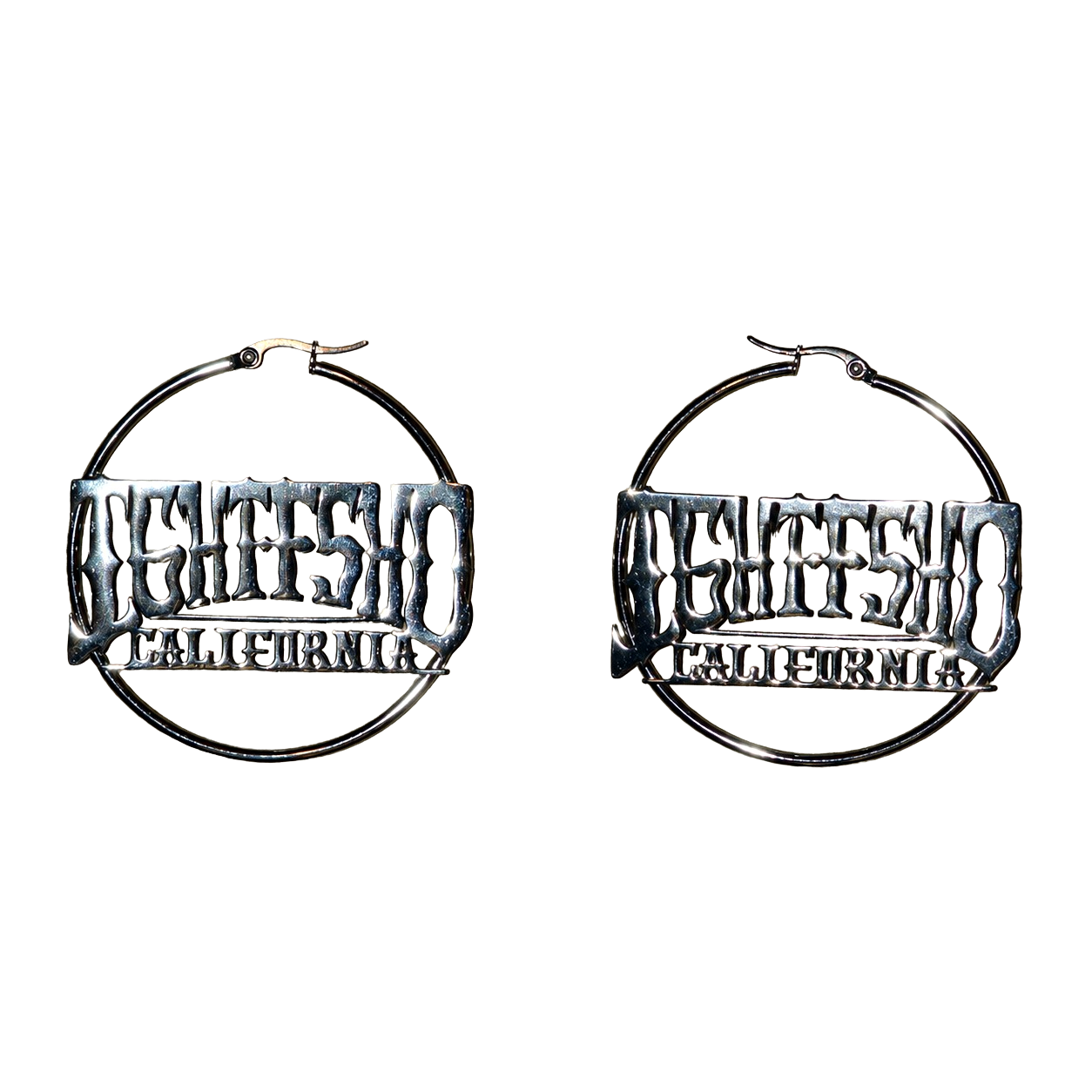 Silver chrome hoop earrings with bold gothic-style “California” lettering, shown as a matching pair on a blank background