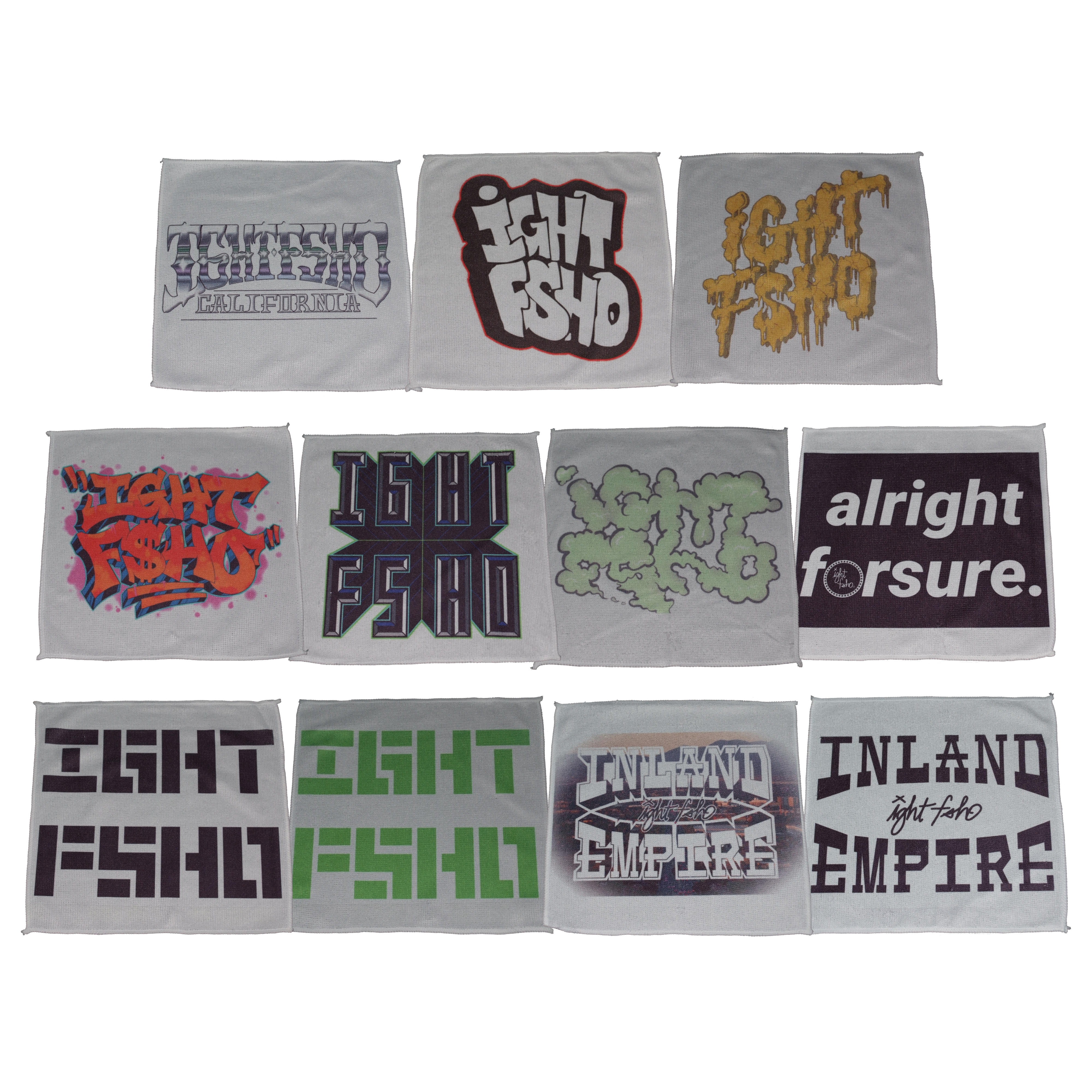 ight Fsho graphic towels featuring graffiti, streetwear, California, and Empire-inspired designs