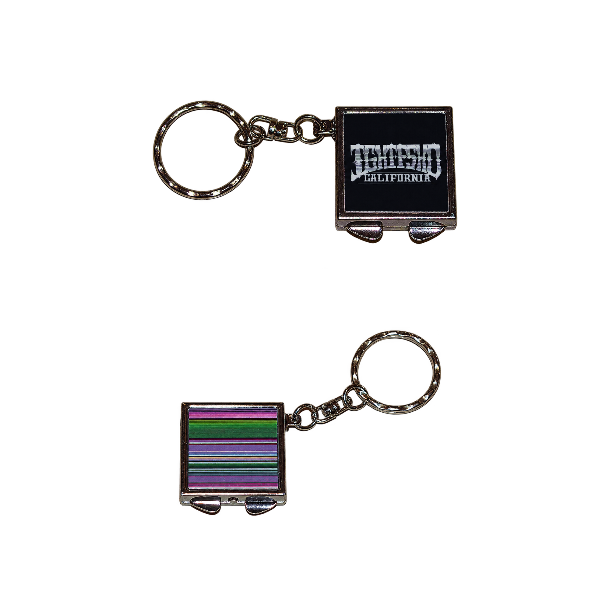 Double-sided California serape mirror keychain with chrome metal frame, colorful striped mirror, key ring, and California logo design