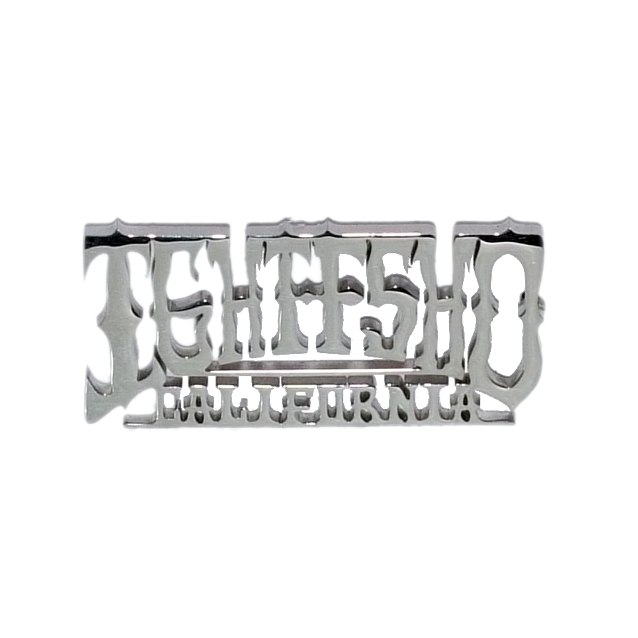 Silver 3D Ight Fsho California logo metal pin with raised lettering on a blank background.