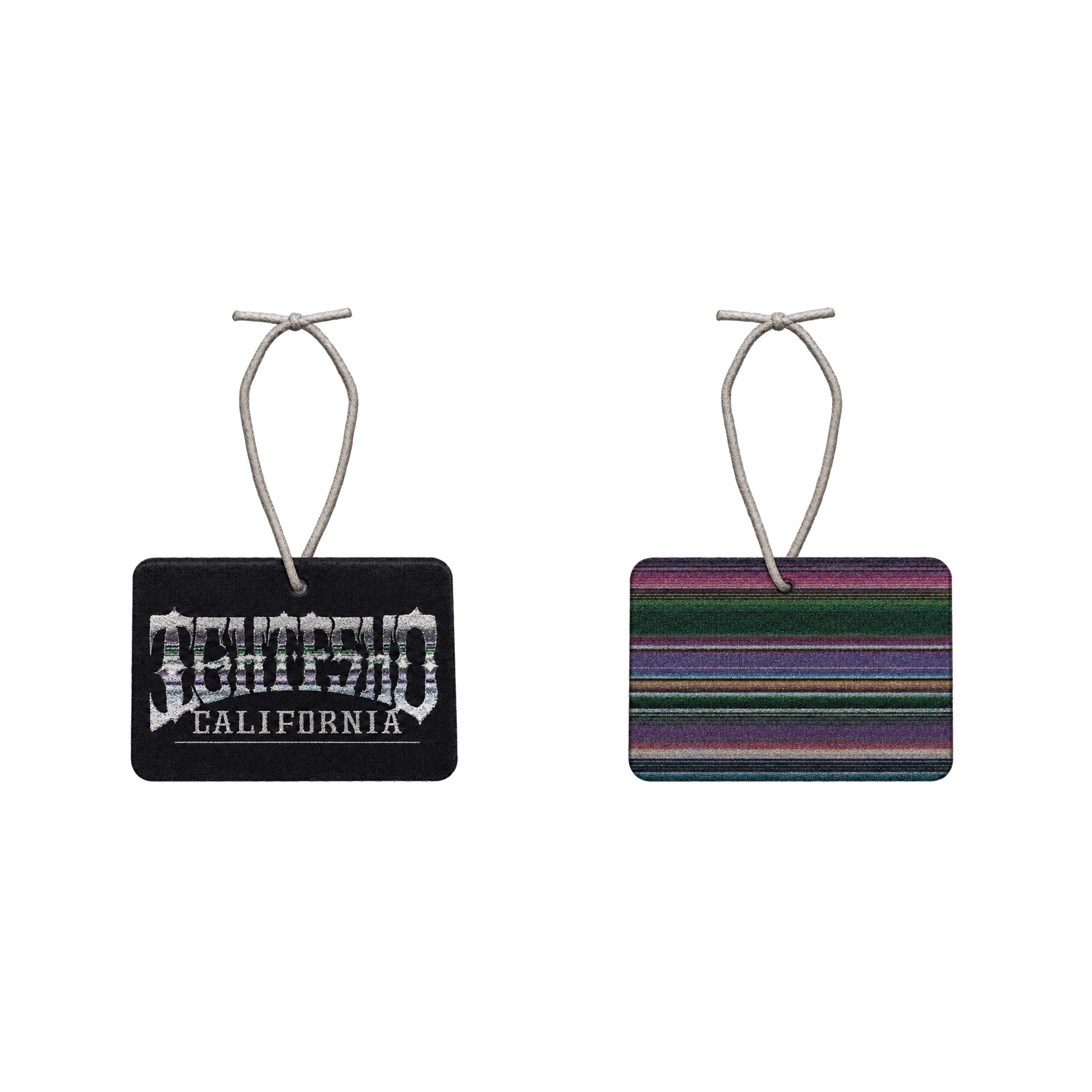 California-inspired hanging car air freshener with a vintage Western serape stripe design, shown front and back on a black background