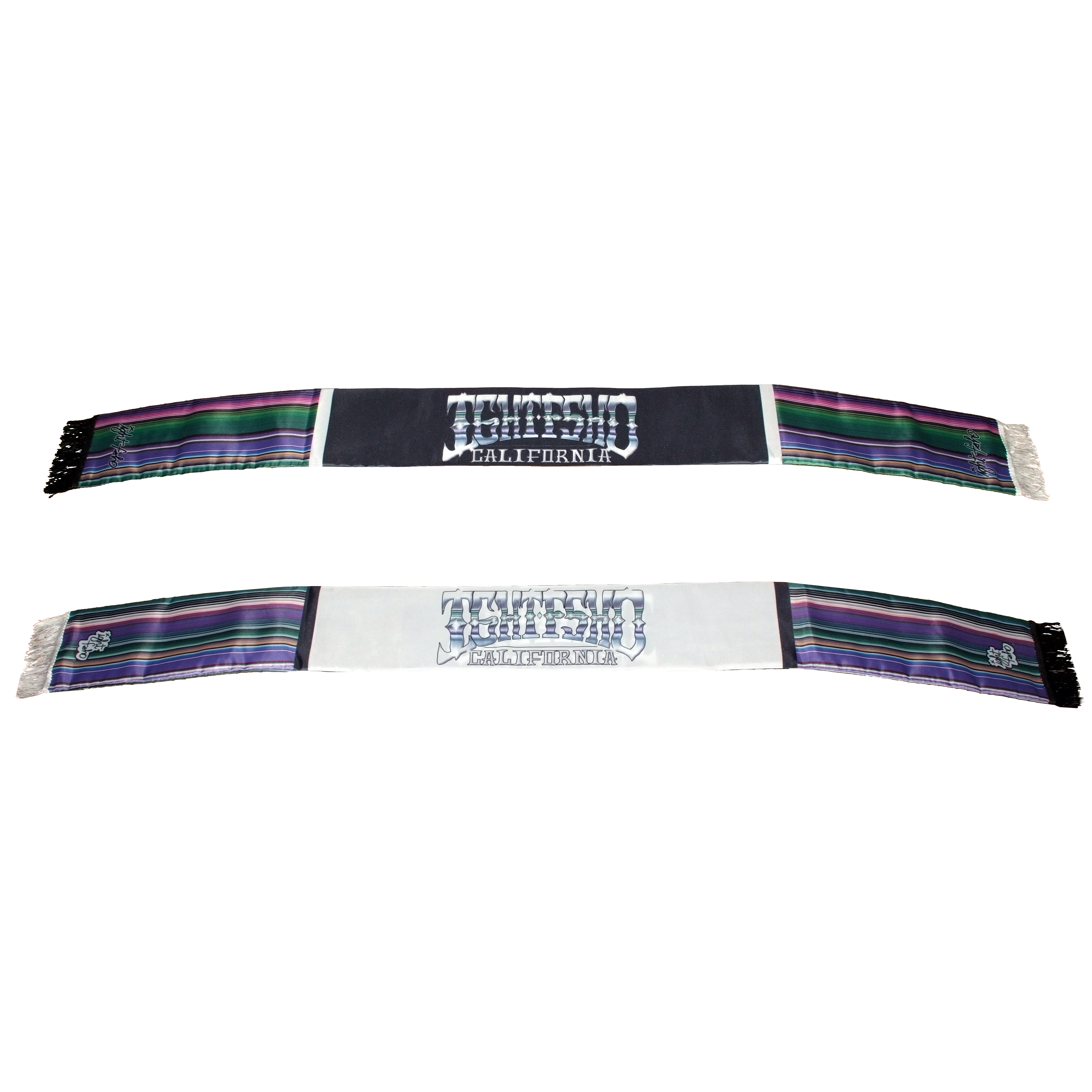 Ight Fsho California striped scarf with colorful serape-inspired pattern, black center panel, and fringed ends, shown front and back